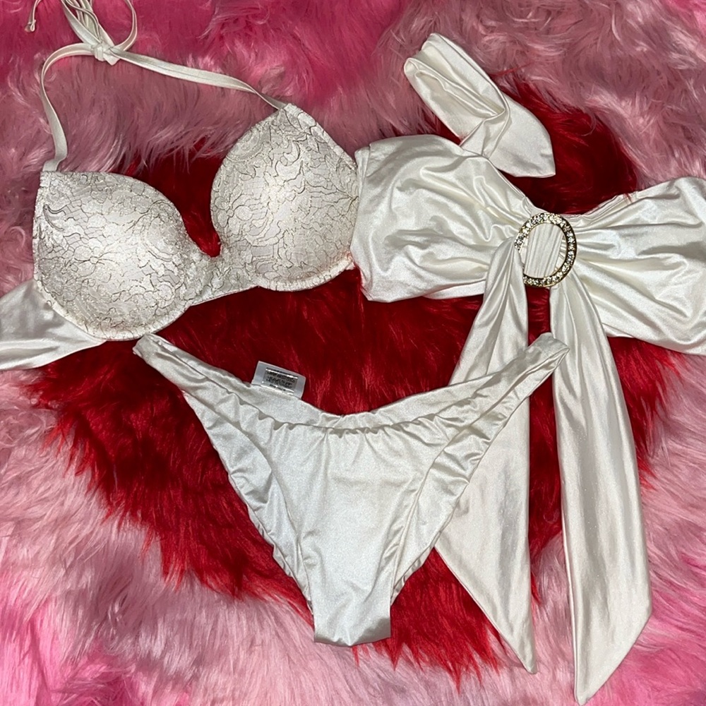 Beach bunny bow and lace white 3 piece set tops small bottom medium